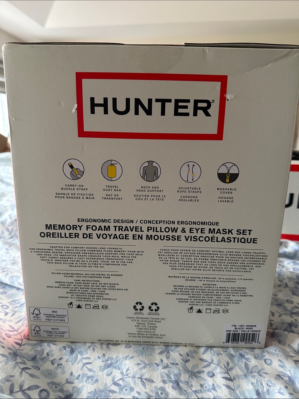 Hunter Black Travel Memory Foam Pillow & Eye Mask Set with Red-White Strap - Picture 2 of 2